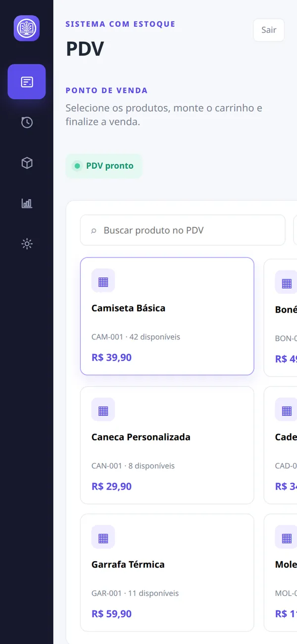 PDV do Sistema com Estoque no celular